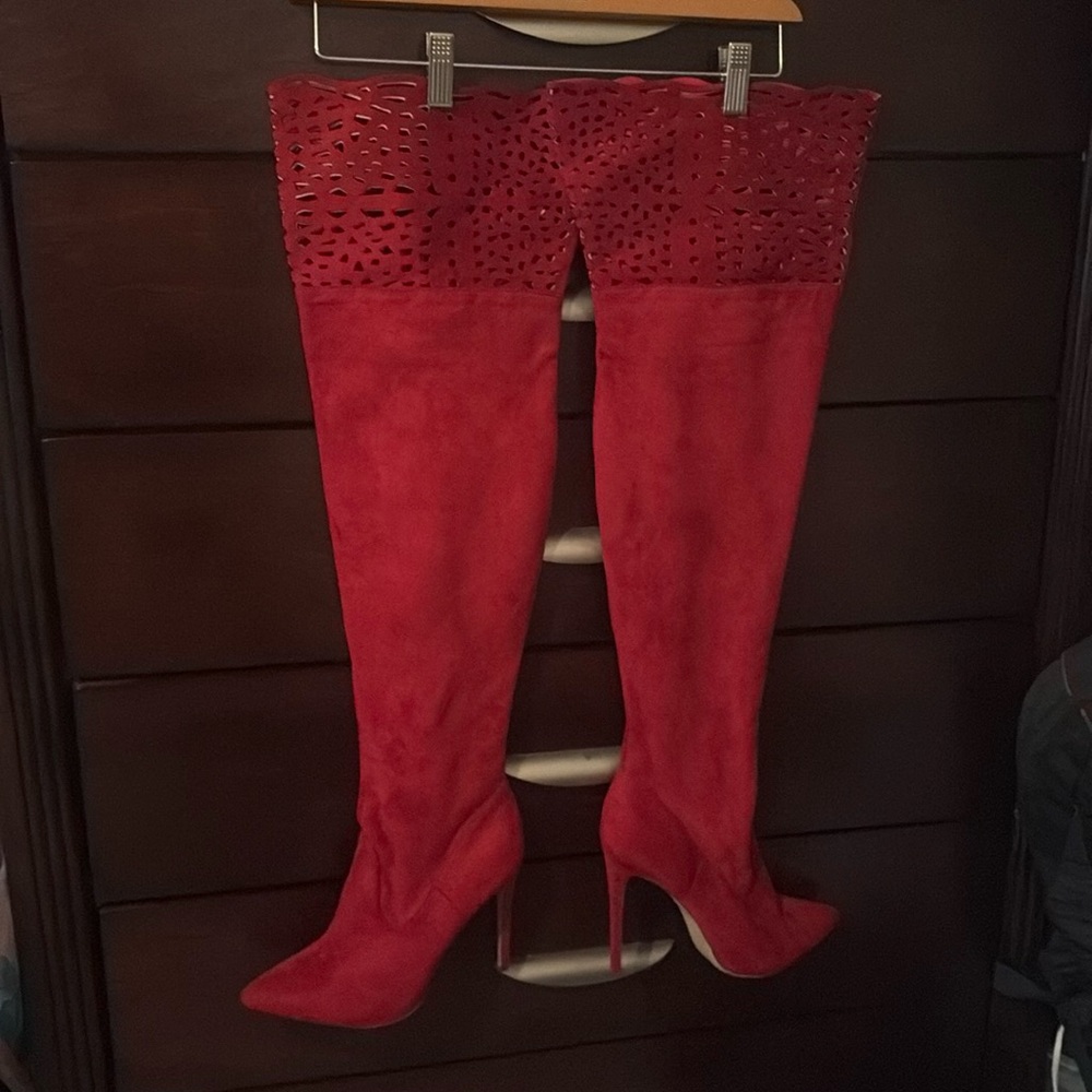 Red suede over the knee boots